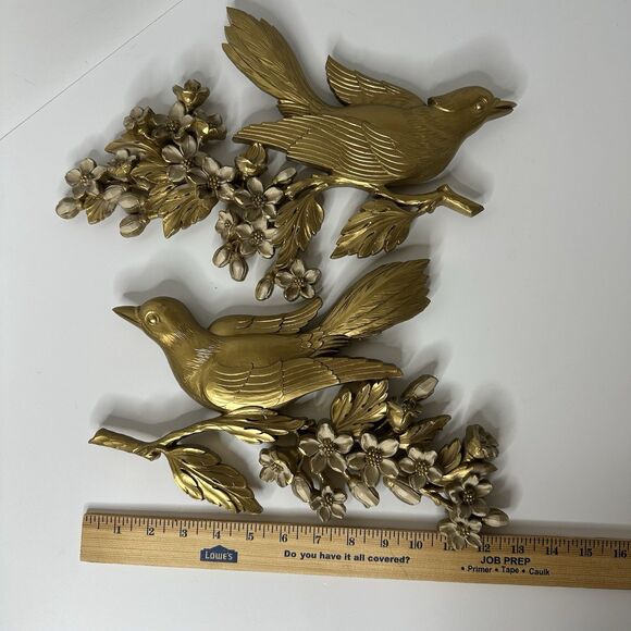 Vintage Dart Ind Gold Bird & Flowers Hanging Wall Plaques Plastic Set 60s Decor - Picture 7 of 16